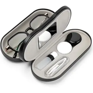 2 in 1 Contact Lens Case & Glasses Case with Built-in Mirror Portable Travel Kit Includes Tweezer Remover Solution Bottle Durable Leather