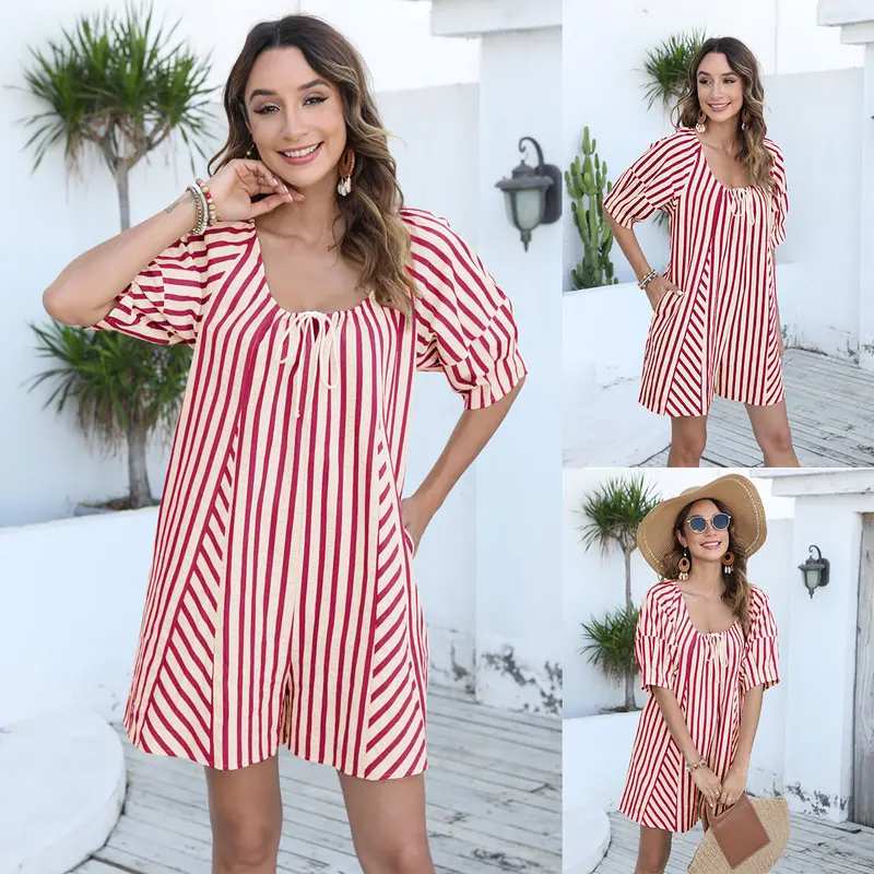 UANEO Womens Striped Romper Casual Loose Puff Sleeve Wide Leg Jumpsuit Overall with Pockets SummerVibes UANEO Womens Striped Romper Casual Loose Puff Sleeve Wide Leg Jumpsuit Overall with Pockets SummerVibes