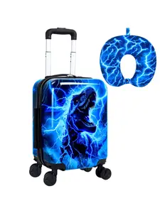 Lightweight Hardshell Spinner Luggage Set for Kids 2PCS with Wheels - Airplane Approved Carry-On Suitcase for Boys Ages 3-10, Lightning Dinosaur Rolling Suitcases for Elementary Toddler Travel