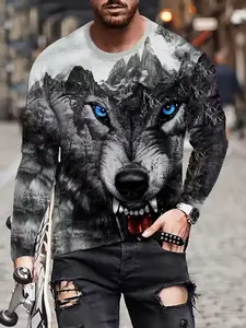 Men's Creative Wolf 3D Digital Graphic Print T-Shirt, Casual Sporty Long Sleeve Tee, Comfortable Fitted Top, Fall & Winter Outdoor Clothing, Casual Streetwear Style, Menswear