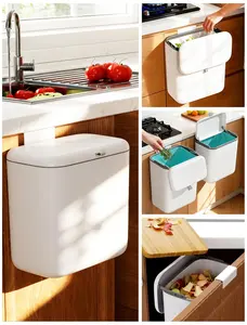 Wall Mounted Kitchen Compost Bin with Lid, Hanging Trash Can for Cabinet Door, White Plastic Food Scrap Bin for Kitchen Counter and Under Sink, 1.8 Gal