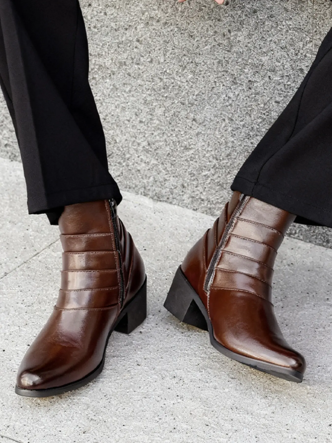 Men's Comfortable Chelsea Boots, Pointed Toe High Heel, Side Zipper, Breathable Fashion Design Short Boot, Stylish Gentleman Trendy Shoes Footwear, Solid color boots, Boots With Zipper