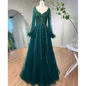 Turquoise A-Line Evening Dress 2025: Long Sleeves, Beaded Luxury - Ideal for Women's Party