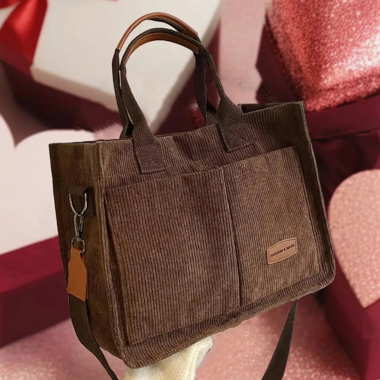 Women's Solid Patched Large Capacity Corduroy Tote Bag with Adjustable Strap, Simple Design, Ideal for Galentines, Casual Use, School, and Daily Use