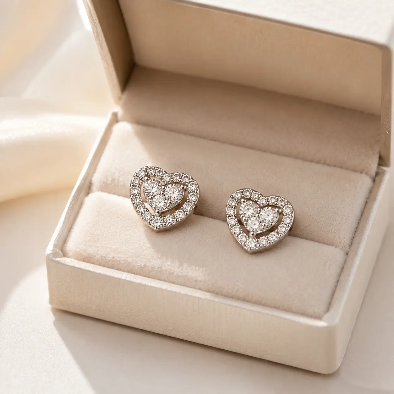 Stud Earrings for Women, Minimalist Double Heart Design, Silver-Plated with Cubic Zirconia, Luxurious Bling Jewelry for Party, Bling Effect, Birthday, Nickel-Free Copper, Anniversary, Special Events, Iced Out Cz, Daily, Female, Valentine, Heart Shaped Ear