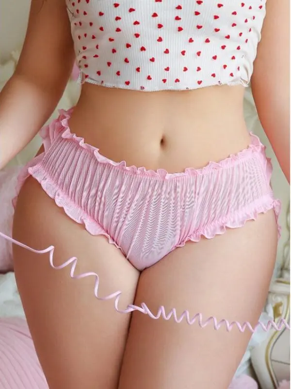 Women's Coquette Panties, Ruffled Lace Trim Dainty Briefs with Pleated Mesh Texture and Bow, Soft Stretchy Tummy Control Loungewear, Exquisite Gift, Sweet, Lacy, Coquette Cut