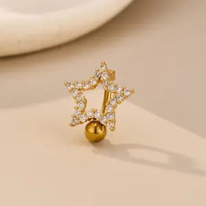 Oufer 14G Star Shape Reverse Dangle Belly Ring with Clear CZ Gems for Females