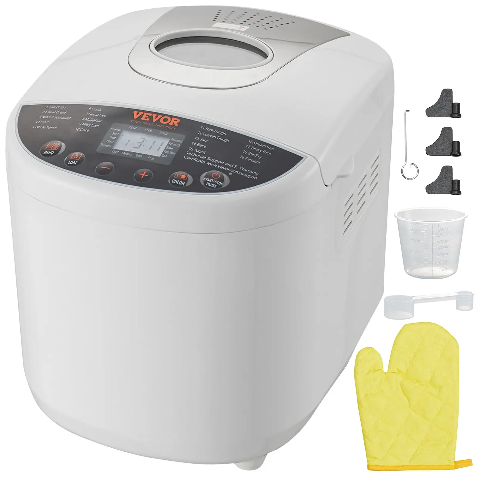 VEVOR 19-in-1 Dough Machine & Automatic Bread Maker, 3 Loaf Sizes (2 LB/1.5 LB), Nonstick Ceramic Teflon Pan, Gluten Free/Whole Wheat Settings, Digital Programmable, 3 Crust Colors, 15-Hour Reservation, AC120V 60Hz, 14.1x11.4x11.4 Inch White Home Supply