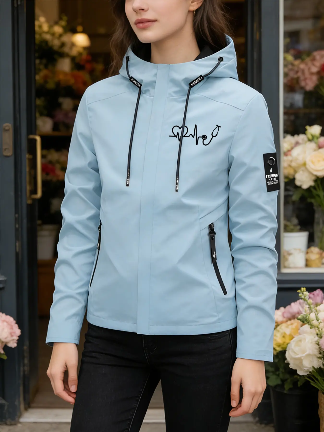 Women's Hooded Windbreaker Jacket, Outerwear, Long Sleeve, ECG Stethoscope Print Outdoor Windproof Jacket Multi-Color Stand Collar Loose All-Season Warm Wind Coat Ideal for Daily Commute Hiking Climbing Wear Soft Comfortable Breathable Machine Washable