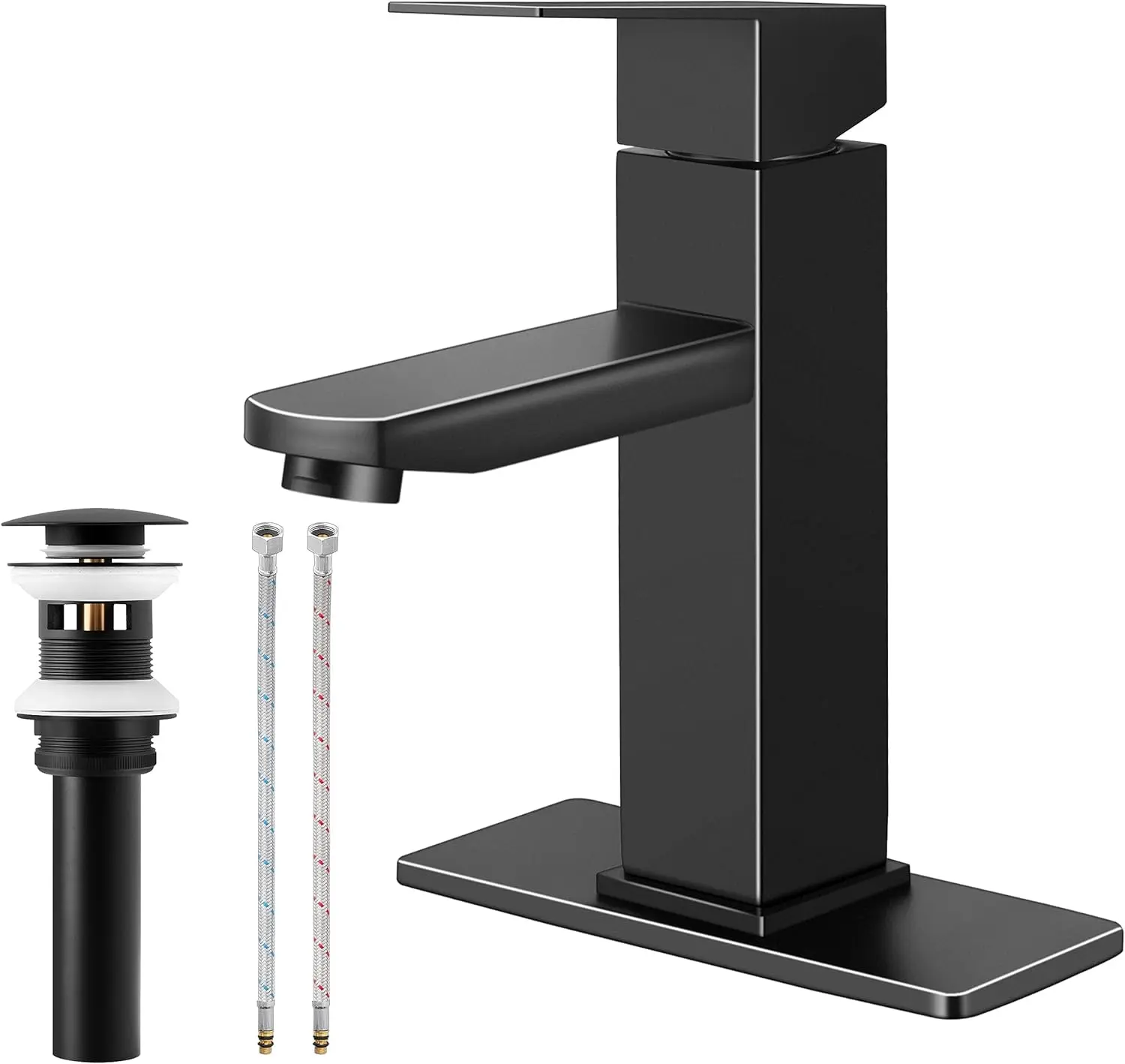 Black Bathroom Faucet, Stainless Steel Modern Bathroom Sink Faucets with Pop-up Sink Drain & Deck Plate 1 Hole, Single Handle Washbasin Lavatory Faucet with 2 Water Hoses