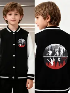 Stranger Things Cycling Silhouette Print Boys' And Girls' Spring/Autumn New Style Cool Baseball Jacket Cardigan, Fashionable, Casual, Comfortable, Suitable For Daily Outdoor Use, Versatile For All Occasions, Ideal Gift Choice