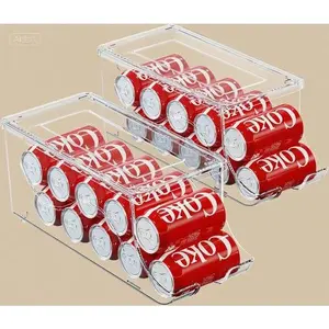 Clear Plastic Can Dispenser - Stackable Fridge Organizer with Lid - Beverage Holder for Soda Pop Cans - Freezer & Kitchen Storage Bins - Holds 10 Cans Each - Space Saving Design