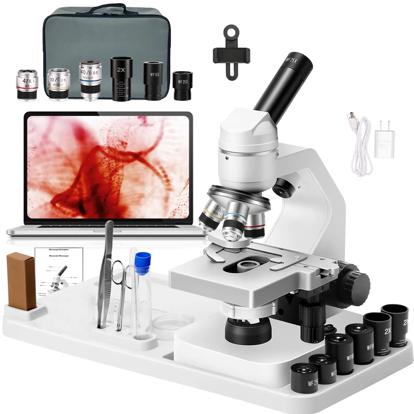 Professional Composite Handheld Digital Microscope - 2000x Magnification Tool with 10x/25x Eyepieces, 4x/10x/40x Objectives, Mobile Phone Adapter, for Students, Lab & Home Office School Supplies Use