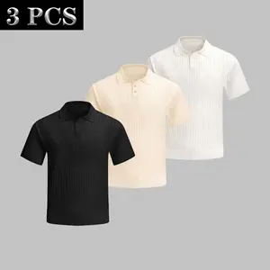 Menswear 3-Pack Plain Cropped Crochet Knit Tops, Summer Casual, Loose, Comfortable, Skin-Friendly, Soft