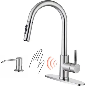 Touchless Kitchen Faucets with Pull Down Sprayer and Soap Dispenser, Brushed Nickel  Motion Sensor Stainless Steel Sink Faucet, 1 or 3 Hole Deck Plate Mount for RV, Bar, Outdoor