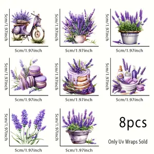 8pcs/sheets Lavender, Purple Flower Pot, Lavender Macaron, Lavender Cake Pattern Design UV DTF Transfer - Self-adhesive, Anti-scratch 3D Crystal Labels for Mugs and Water Bottles, DIY Art Supplies