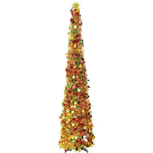 5ft Gold Pre Lit Collapsible Pop Up Christmas Tree,Glittery Golden Tinsel Artificial Pencil Xmas Trees with Red & Green Sequins and Colorful LED Lights for Indoor and Outdoor Decoration