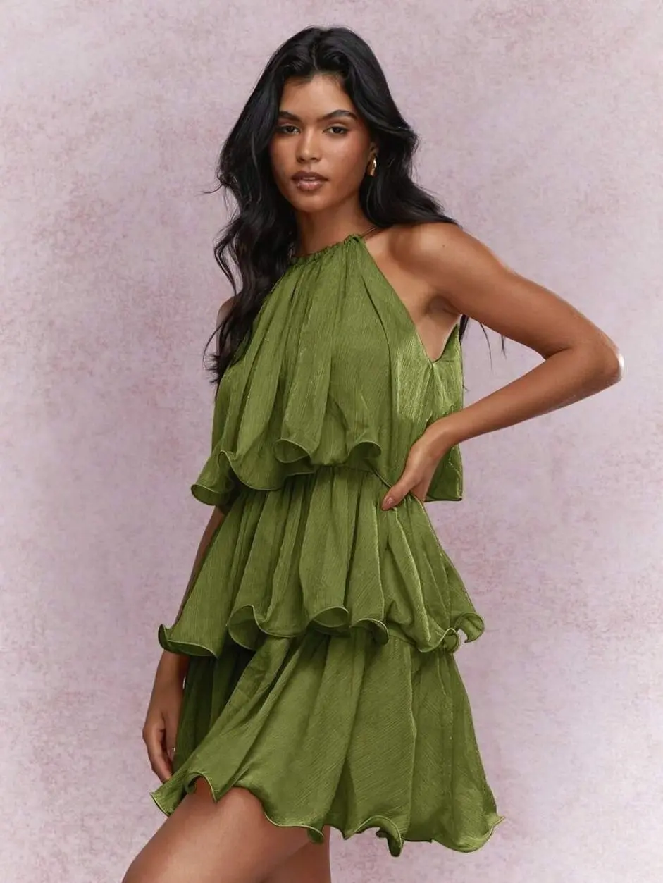 Women's Tiered Halter Mini Dress, Ruffle Layered Chiffon Cocktail Party Dress, Summer Wedding Guest Semi Formal A-Line Evening Dress