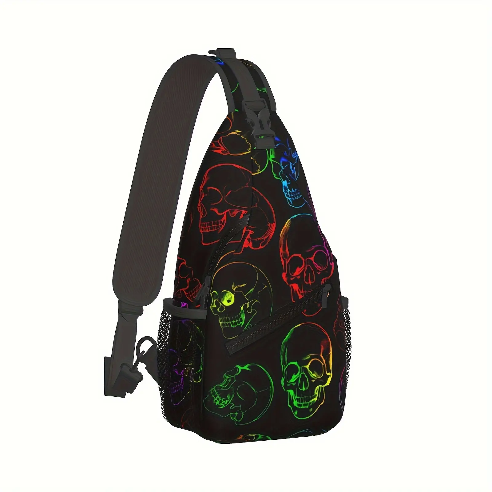 Neon Skull Crossbody Chest Bag Hiking Backpack with Side Pouch Lightweight Pockets Durable Polyester Fabric for Shopping Work Leisure Travel Made in US