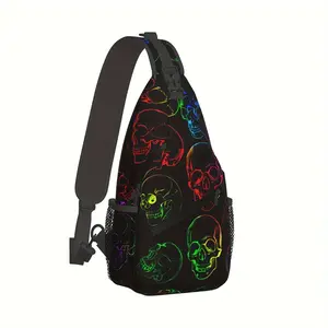 Neon Skull Crossbody Chest Bag Hiking Backpack with Side Pouch Lightweight Pockets Durable Polyester Fabric for Shopping Work Leisure Travel Made in US