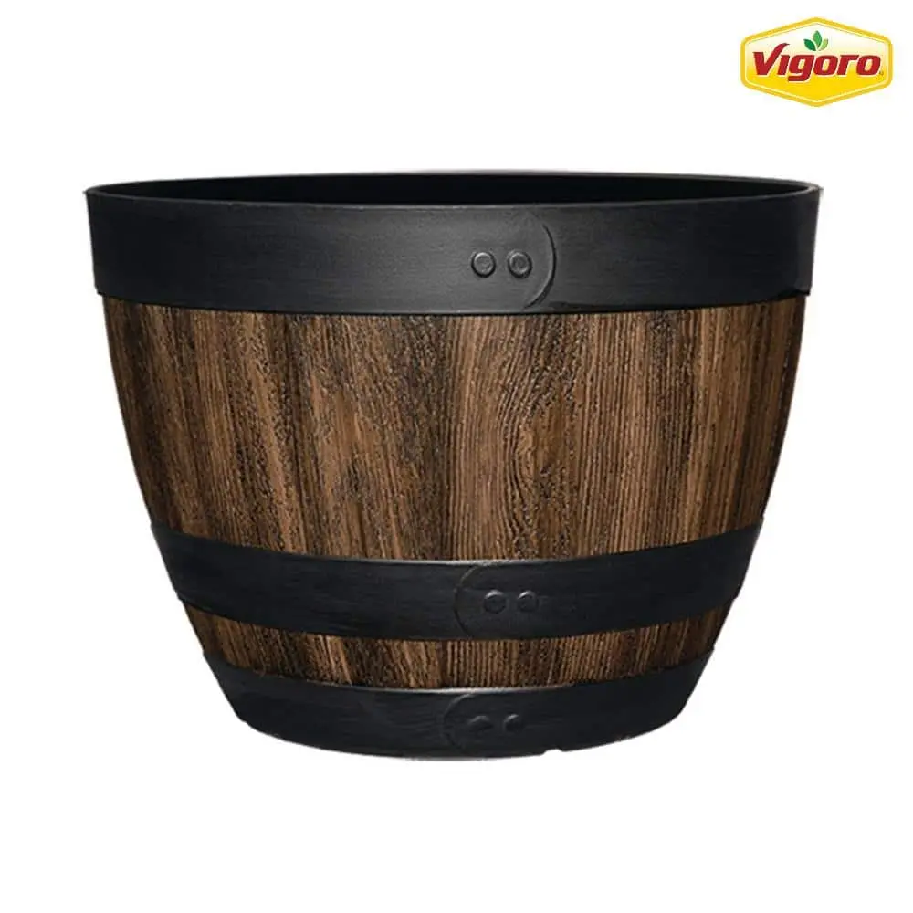 Large Brown Resin Wine Barrel Lightweight Round Planter (20 in. L x 20 in. W x 14.5 in. H)