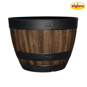 Large Brown Resin Wine Barrel Lightweight Round Planter (20 in. L x 20 in. W x 14.5 in. H)