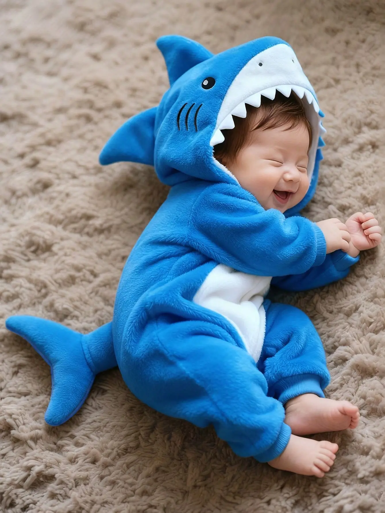 Newborn Shark Shaped Outfit, Cute Plush Shark Shaped 3D Beanie Hat, Embroidered Shark Graphic Long Sleeve Jumpsuit For Baby