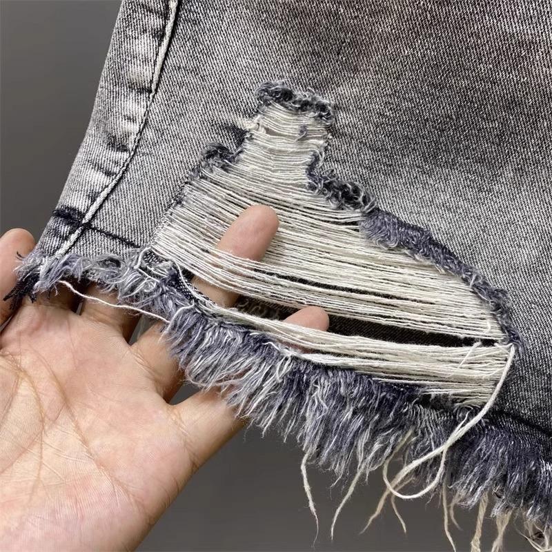 Worn Legs with Rough Edges Washed Black Denim Shorts