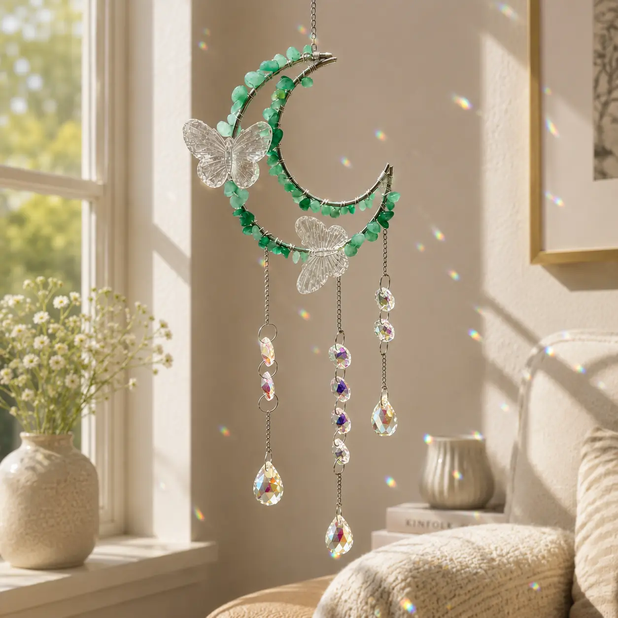 Moon Butterfly Suncatcher with AB Crystal & Natural Green Aventurine, Rainbow Window Hanging Decor, Rainbow Maker Indoor Outdoor Dector for Window Bedroom Courtyard Garden, Bless Gift