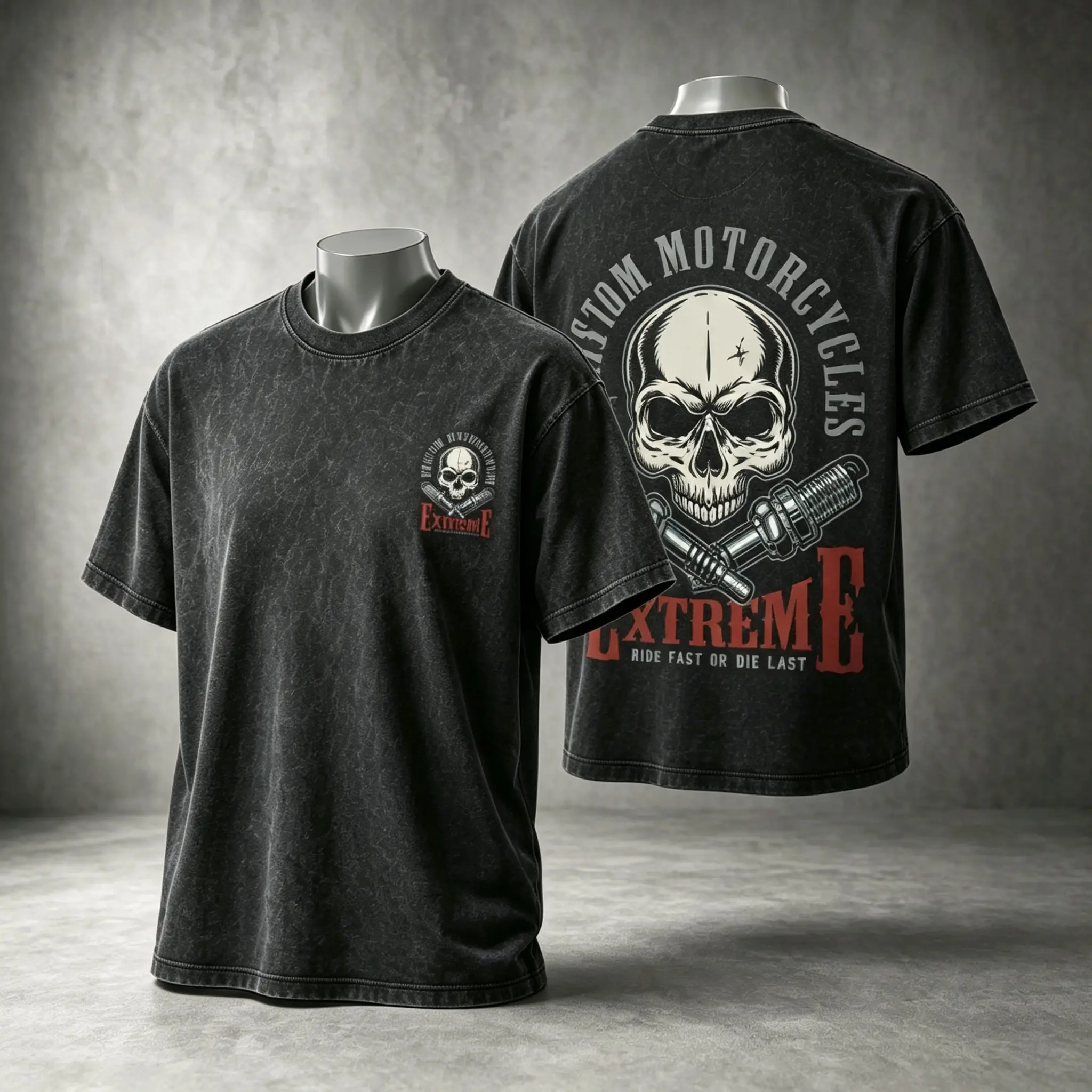 Men's Fabletics Diamondback Vintage Snow Wash Skull Graphic Heavyweight Distressed Cotton Biker Muscle Short-Sleeve T-Shirt - Double-Sided Print, Casual Streetwear for Halloween, Mechanic Gift