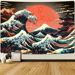 The Great Wave Tapestry Japanese Ocean Sea Wave Tapestries Vintage Asian Anime Tapestry Aesthetic Kanagawa Tapestry Mountain Sunset Tapestry Wall Hanging for Room(51.2 x 59.1 inches) Sunrise Decor