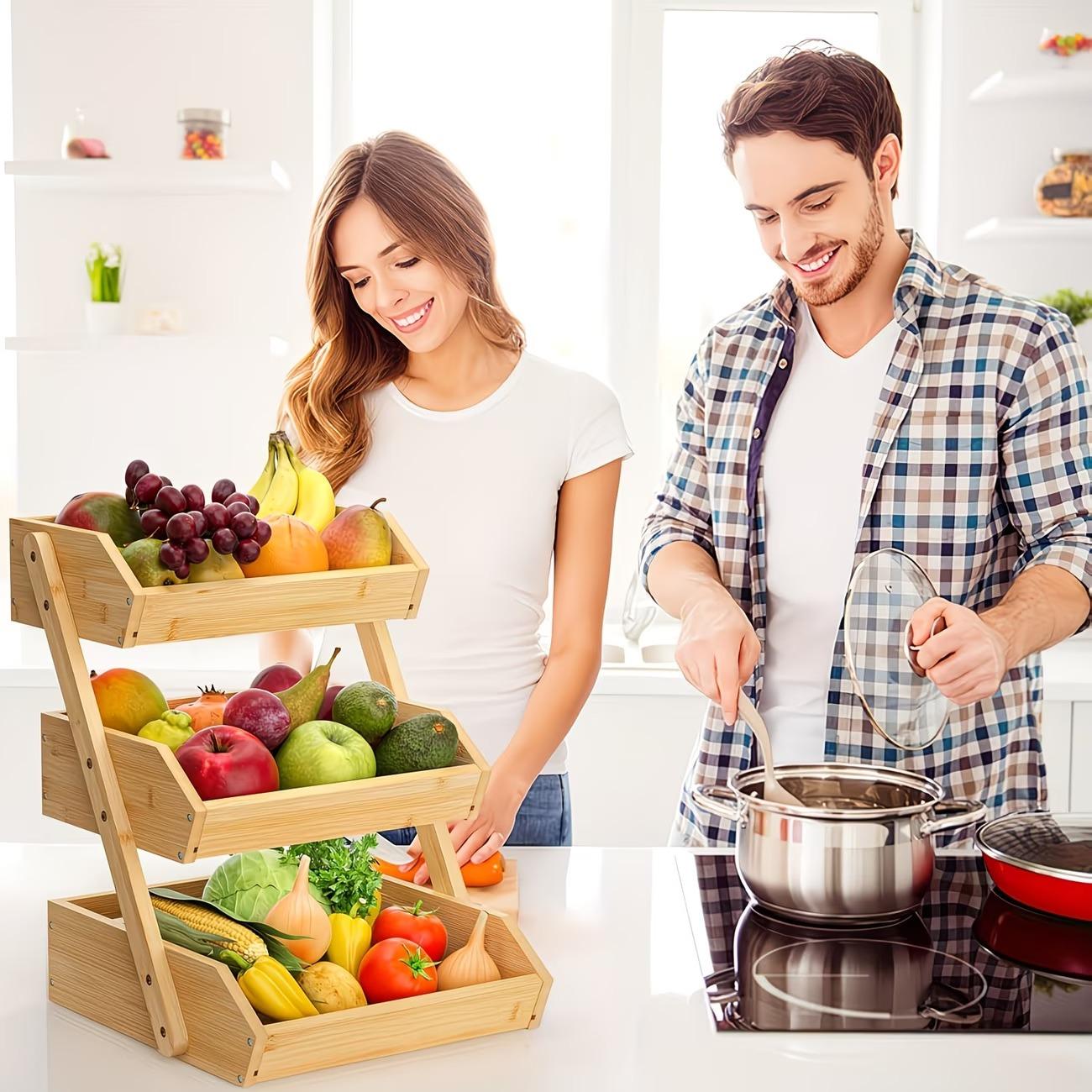 3/2 Tier Wooden Fruit Basket Stand – Large Capacity Countertop Organizer for Fruits, Vegetables & Bread