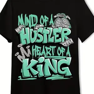 Generic Hustler Heart King Unisex T-Shirt - 220g Pure Cotton Retro Streetwear Tee with Graffiti Money Motif, Matching AJ 3s Green Glow Design, Regular Fit Round Neck Short Sleeve for Men & 100% cotton