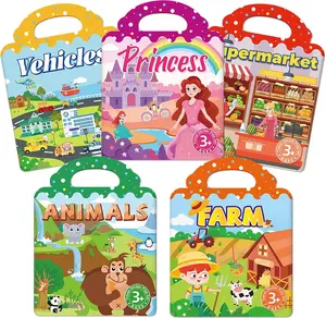 Sticker Books for Toddlers 2-4 Years 5 Sets Reusable Jelly Stickers Travel Toys for Ages 2+ Kids Boys Girls Encourages Creativity Focus Fine Motor Skills with Themes Vehicles Animals Farms Princesses Supermarkets