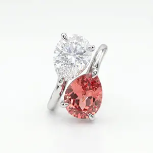 ZR "Blossom Duet" Custom 2.3ct Padparadscha Lab-Grown Sapphire & 1.8ct Ice-Flower Cut Moissanite Bypass Ring S925 Sterling Silver Luxury Statement Ring -【Katherinn】#4571