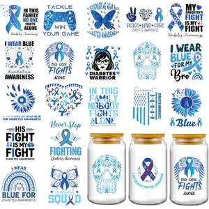 Diabetes Awareness Month UV DTF Stickers - 20 Sheets Blue Bows Skull UV DTF Cup Wraps for 16 20 oz Glass, Diabetes Warrior Transfer Sticker Decals DIY Tumbler Water Bottle Bumper Decorations