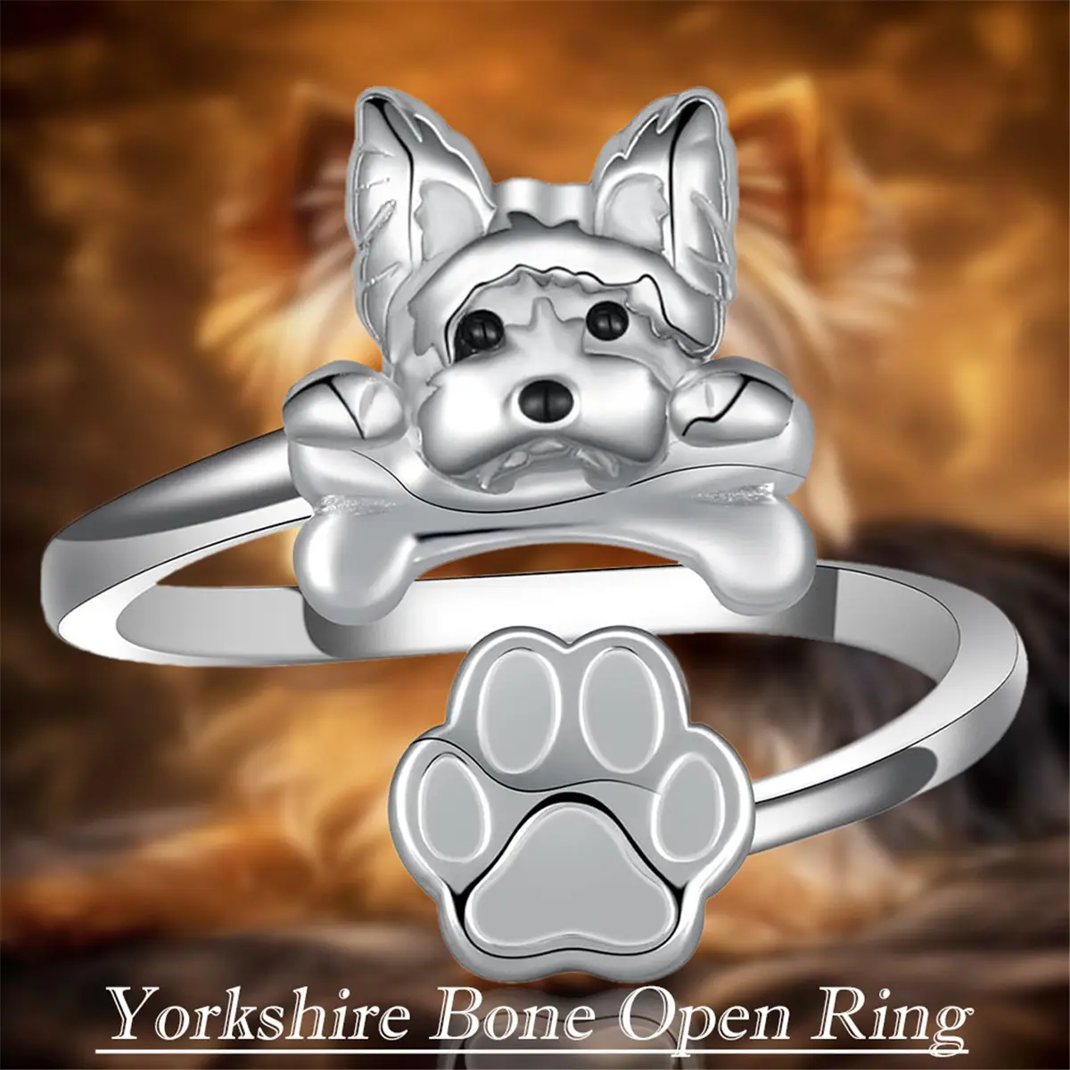 Women's Elegant Yorkie Puppy & Bone Alloy Adjustable Open Ring - Female Everyday Costume Jewelry, Pet Lover Gift for Yorkie Owners