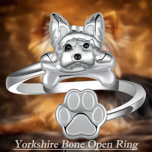 Exquisite Elegant Yorkie Puppy & Bone Alloy Adjustable Open Ring for Women – Delicate Pet Lover Jewelry, Chic Dog-Themed Accessory Gift for Yorkie Owners