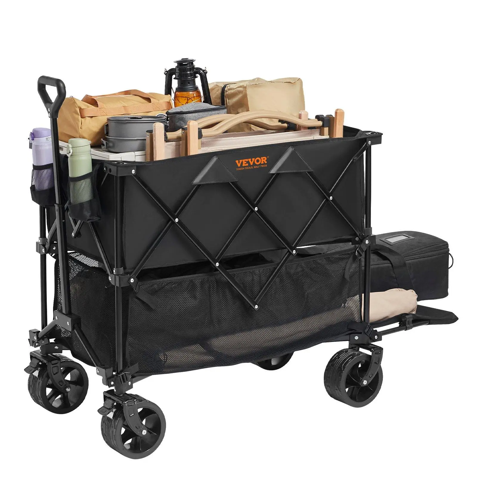 Foldable Double Decker Wagon, 400L Collapsible Wagon Cart with All-Terrain Wheels, Heavy Duty Folding Wagon Cart 350-450 lbs Weight Capacity for Camping, Garden, 52" Extra Long Extender