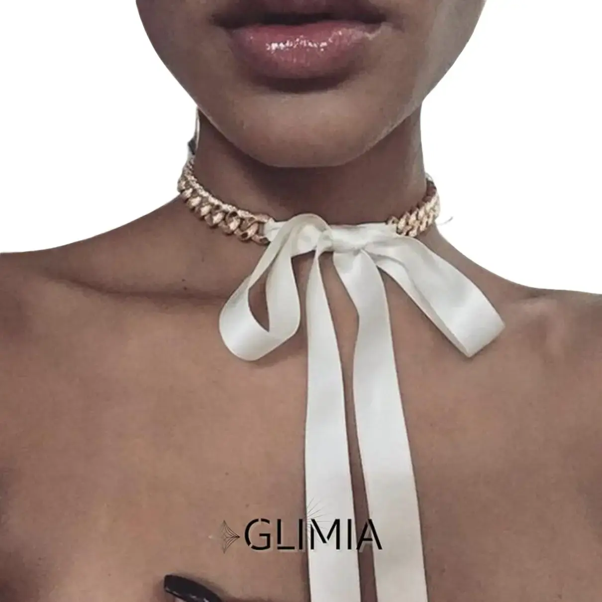 GLIMIA Silk Chain Charm Gold Choker with Satin Bow Tie Accent Unisex Fashion Jewelry Accessory for Men & Women