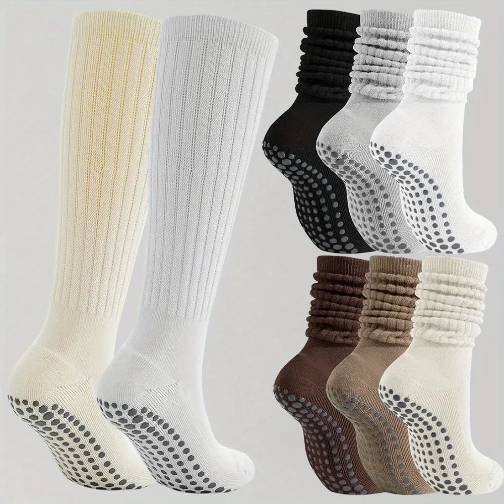 6 Pairs Pilates Socks with Grips for Women Yoga Slouch Grippy Socks for Barre Workout Hospital Non-Slip Comfortable Cozy Socks For Daily Womenwear Winter