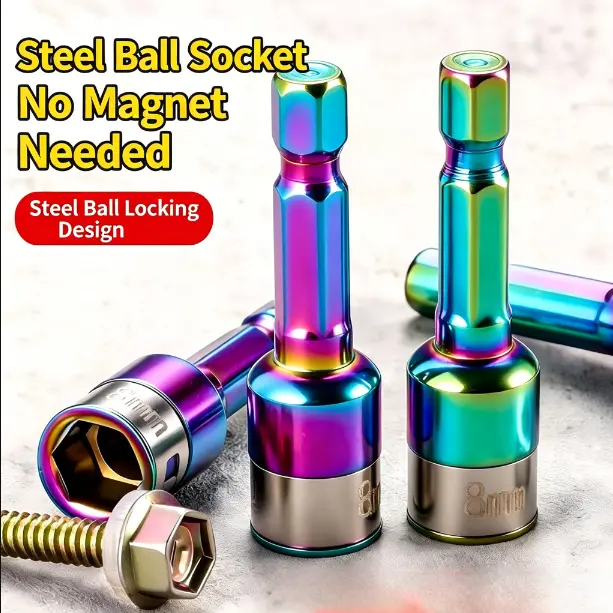 Steel Ball Locking Socket Bit, 8mm Color Titanium Hex Driver, No Magnet Needed, 1/4" Hex Shank, CR-V Steel, for Power Drills & Impact Drivers