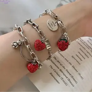 Women's Whimsical Silver Thick Chain Bracelet with Strawberry Zircon Charm - Sparkling Fruit Pendant, Funky Unique Accessories, Delicate Costume Jewelry for Daily Wear & Parties, Bracelets