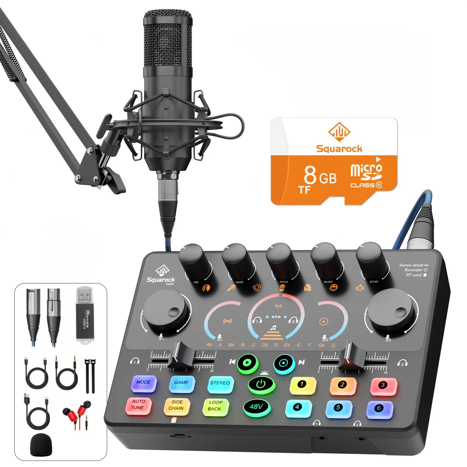 Squarock RS2i2 Audio Mixer / Podcast Equipment Bundle Sound Board with 1 Mic or 2 Mic Condenser Mic or Dynamic Mic Bundle