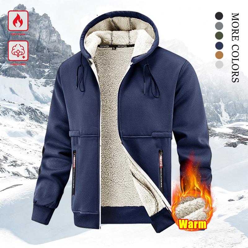 Men's Winter Fleece Hoodie – Thick, warm jacket with an adjustable drawstring hood, ribbed cuffs, and zippered front; perfect for outdoor hikes, jogging, fishing, gym workouts, or casual wear; fleece lining provides wind protection