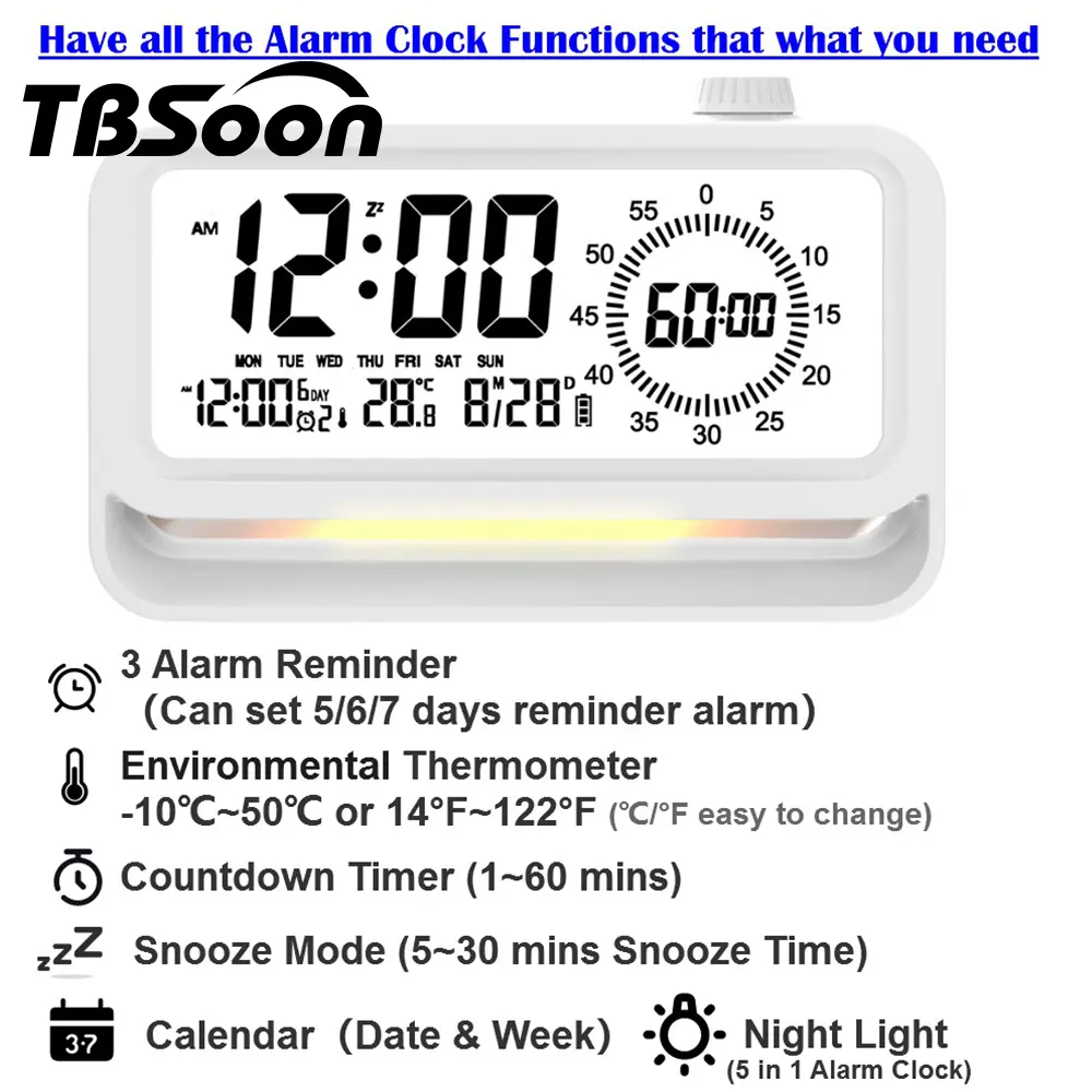 [TBSoon] Multifunctional Alarm Clock, Alarm Clock+Night Light+Timer+Thermometer+Calendar, Large Screen, Loud Sound,3 Reminder Alarms,Snooze Mode,Temperature Care,Background light,Cooking Timer,Office Worker, Student Working Timer