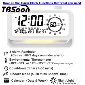 [TBSoon] Multifunctional Alarm Clock, Alarm Clock+Night Light+Timer+Thermometer+Calendar, Large Screen, Loud Sound,3 Reminder Alarms,Snooze Mode,Temperature Care,Background light,Cooking Timer,Office Worker, Student Working Timer