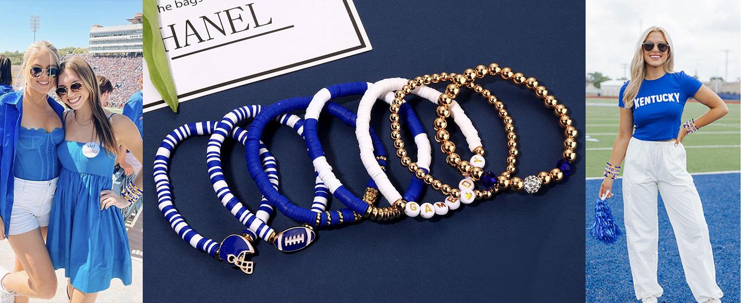 Game Day Bracelets for Women - Red, Black, Blue Heishi Clay Beaded Stretch Bracelets - Stackable Sports Charm Bracelet Bangles - Football Mom Accessories & Outfits Jewelry Gifts
