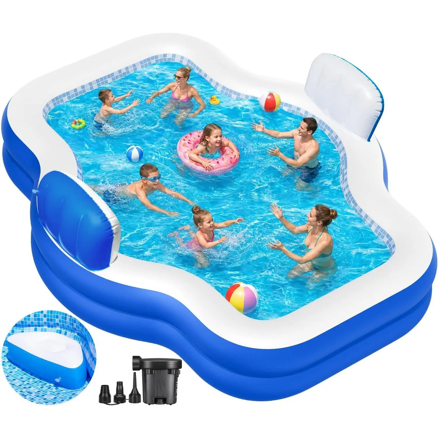 Inflatable Swimming Pool with Seat Pump, 121" X 90" X 22" Blow-Up Pool for Kids Adults Oversized Thickened Kiddie Pool Family Full Sized Inflatable Pools for Garden, Backyard, Outdoor Water Party