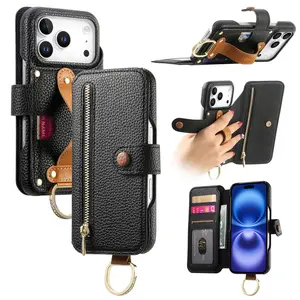 Wallet Phone Case for iPhone X 11 12 13 14 15 16 17 Pro Max, with RFID Blocking Material,PU Leather Flip Cover, Grip Stand, Shockproof Wrist Strap, Accessories